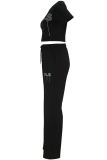 Black Stylish Elegant Round Neck Short Top Trousers Casual Two-Piece Suit