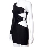 Solid Color Single Sleeve Double Ring Sexy Hollow Hip Dress