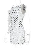 New Spring White Polka Dot Print Diagonal Collar Shoulder Strap Slim Bag Hip Dress
