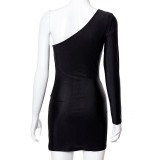 Solid Color Single Sleeve Double Ring Sexy Hollow Hip Dress