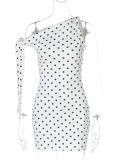 New Spring White Polka Dot Print Diagonal Collar Shoulder Strap Slim Bag Hip Dress