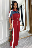 Denim Colorblock Stand Collar Short Sleeve Long Zipper Jumpsuit