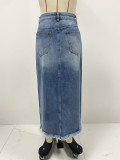 New Distressed Washed High-waisted Irregular Raw Edge Denim Skirt