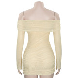 Solid Color One-shoulder Sexy Mesh Slim-fit Pleated Short Dress