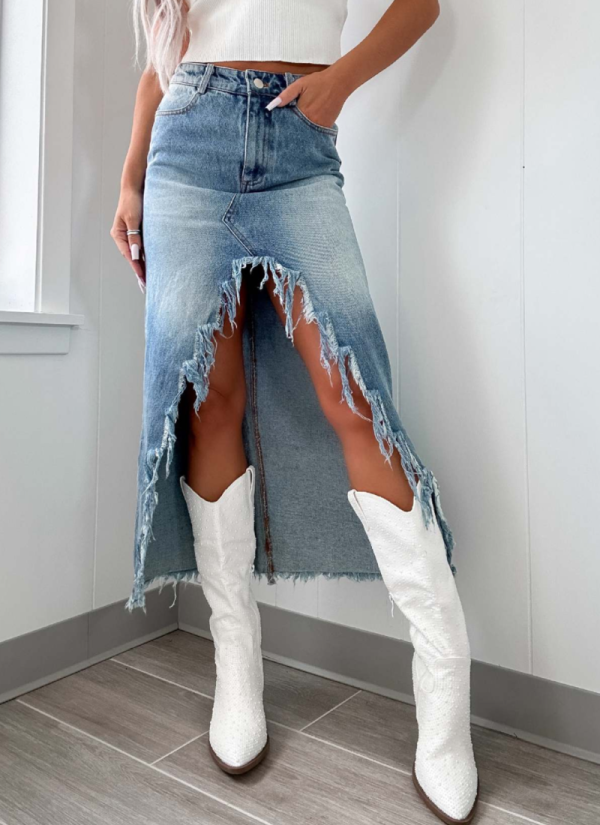 New Distressed Washed High-waisted Irregular Raw Edge Denim Skirt