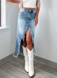New Distressed Washed High-waisted Irregular Raw Edge Denim Skirt
