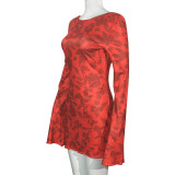 Round Neck Long Sleeve Sexy Leopard Print Strappy Backless Short Dress