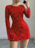 Round Neck Long Sleeve Sexy Leopard Print Strappy Backless Short Dress