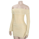 Solid Color One-shoulder Sexy Mesh Slim-fit Pleated Short Dress