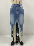 New Distressed Washed High-waisted Irregular Raw Edge Denim Skirt