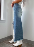New Distressed Washed High-waisted Irregular Raw Edge Denim Skirt