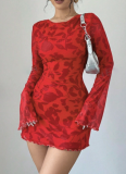Round Neck Long Sleeve Sexy Leopard Print Strappy Backless Short Dress