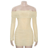Solid Color One-shoulder Sexy Mesh Slim-fit Pleated Short Dress