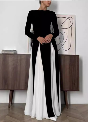 Tight A-line Long-sleeved Round Neck Dress With Large Skirt