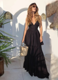 Fashionable V-neck Double-layer Skirt Dress With Waist