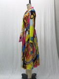 Large Size Artistic Print Pleated Three-quarter Sleeve Long Dress