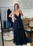 Fashionable V-neck Double-layer Skirt Dress With Waist