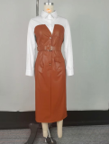 Commuter PU Leather Belt Stitching Contrast Color Shirt Long Sleeve Dress