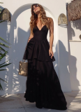 Fashionable V-neck Double-layer Skirt Dress With Waist