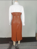 Commuter PU Leather Belt Stitching Contrast Color Shirt Long Sleeve Dress