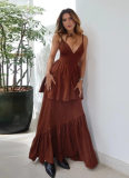 Fashionable V-neck Double-layer Skirt Dress With Waist