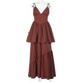Fashionable V-neck Double-layer Skirt Dress With Waist