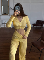 Casual See-Through Knit Solid Color Hollow High Waist Trousers Set
