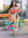 Large Size Artistic Print Pleated Three-quarter Sleeve Long Dress