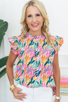 Floral Printed Pullover Chiffon Shirt Women's Fashionable Colorblock Ruffled Sleeveless Top