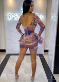Sexy See-Through Printed Ruffle Long Sleeve Dress