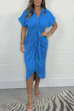 Solid Color Lapel Button Down Pleated Shirt Dress