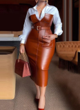 Commuter PU Leather Belt Stitching Contrast Color Shirt Long Sleeve Dress