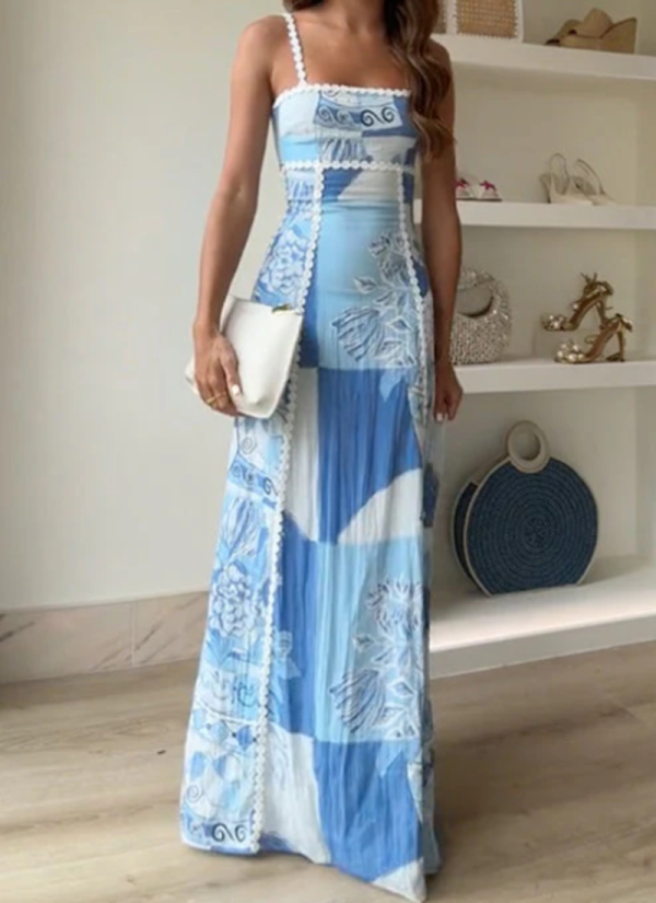 Lace Halter Dress With Geometric Pattern Print Waist and Bow Backless