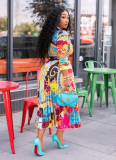 Large Size Artistic Print Pleated Three-quarter Sleeve Long Dress