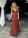 Fashionable V-neck Double-layer Skirt Dress With Waist