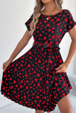 Spring And Summer Casual Contrast Color Heart Short Sleeve Waist Pleated Dress
