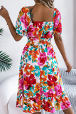 Casual Floral Square Neck Short Sleeve Tight Waist Ruffle Dress