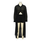Sexy See-through Solid Color Chiffon Long Shirt and Shorts Beach Two-piece Suit