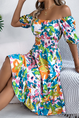 Casual Floral Square Neck Short Sleeve Tight Waist Ruffle Dress