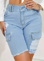 Casual Pocket Ripped Raw Edge Slim Fit Denim Shorts