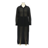 Sexy See-through Solid Color Chiffon Long Shirt and Shorts Beach Two-piece Suit