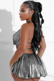 Metallic Fashion V-neck Tight Pleated Short Skirt Sexy Backless Strap Dress