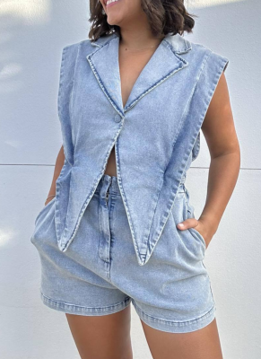 Fashionable Casual Three-dimensional Triangle Design Denim Jumpsuit Shorts