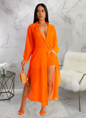 Sexy See-through Solid Color Chiffon Long Shirt and Shorts Beach Two-piece Suit