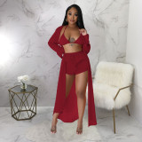 Sexy See-through Solid Color Chiffon Long Shirt and Shorts Beach Two-piece Suit