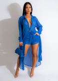 Sexy See-through Solid Color Chiffon Long Shirt and Shorts Beach Two-piece Suit