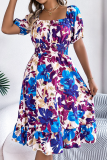 Casual Floral Square Neck Short Sleeve Tight Waist Ruffle Dress