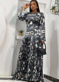 Fashion Print Slim Fit Pleated Long Swing Backless Dress