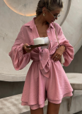 2025 Spring and Summer New Temperament Solid Color Puff Sleeve Shirt Wide Leg Shorts Set