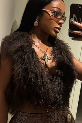 Brown New Style Hot Girl Vest Fashion Sexy Large Backless Fur Collar Halter Neck Top